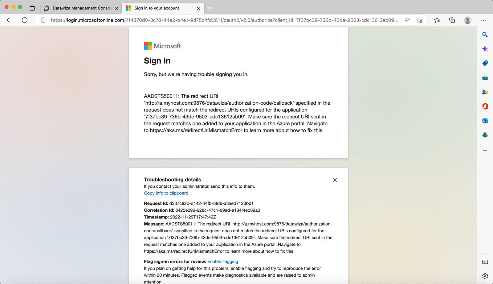 aad redirect url not match