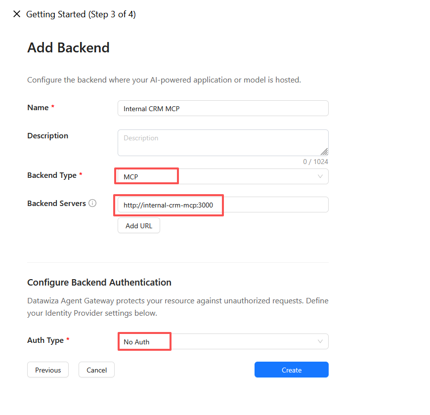 Getting Started wizard Step 3 — configure the internal MCP server as the backend
