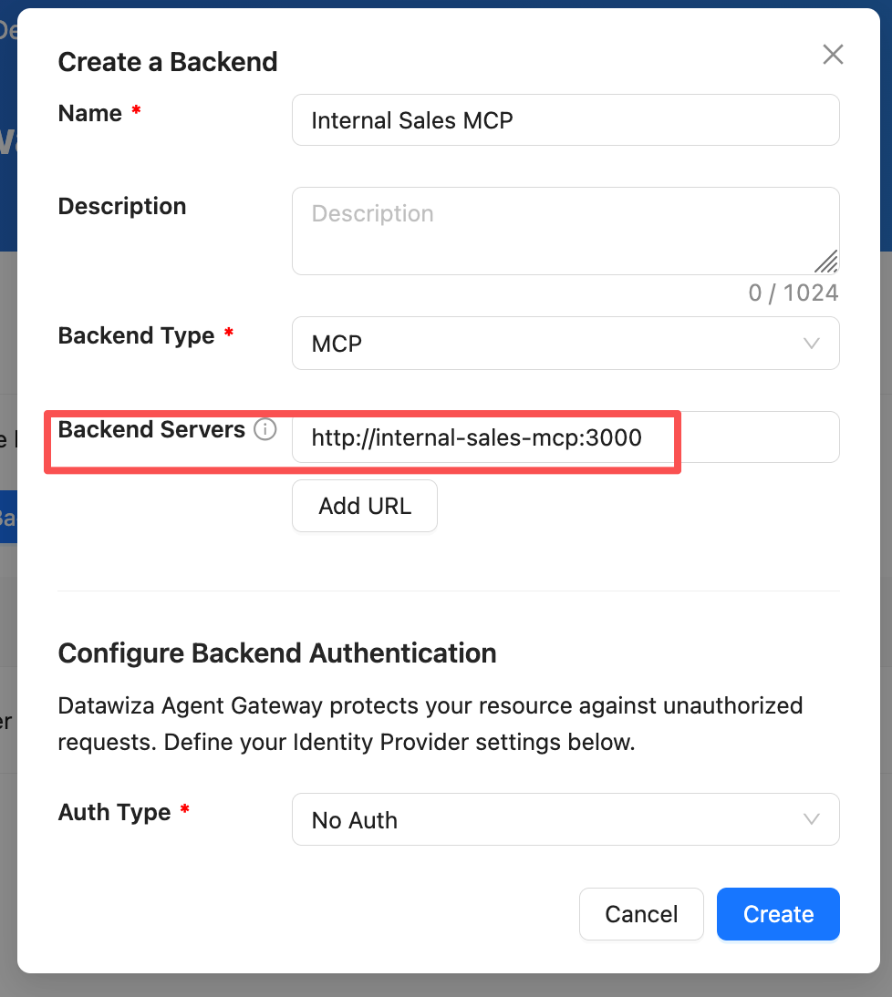 Getting Started wizard Step 3 — configure the internal Sales MCP server as the backend