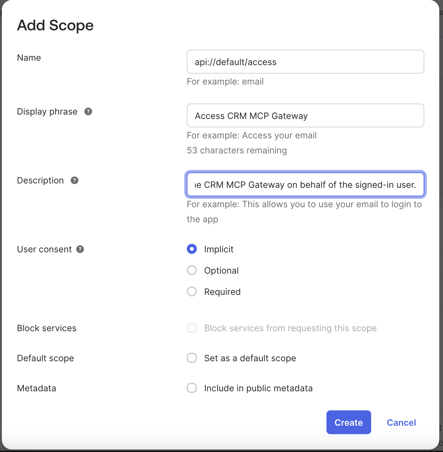 Okta — Scopes tab showing the api://default/access custom scope added to the default Authorization Server