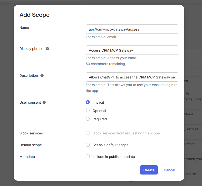 Okta — Scopes tab showing the api://crm-mcp-gateway/access custom scope added to the CRM MCP Gateway Authorization Server