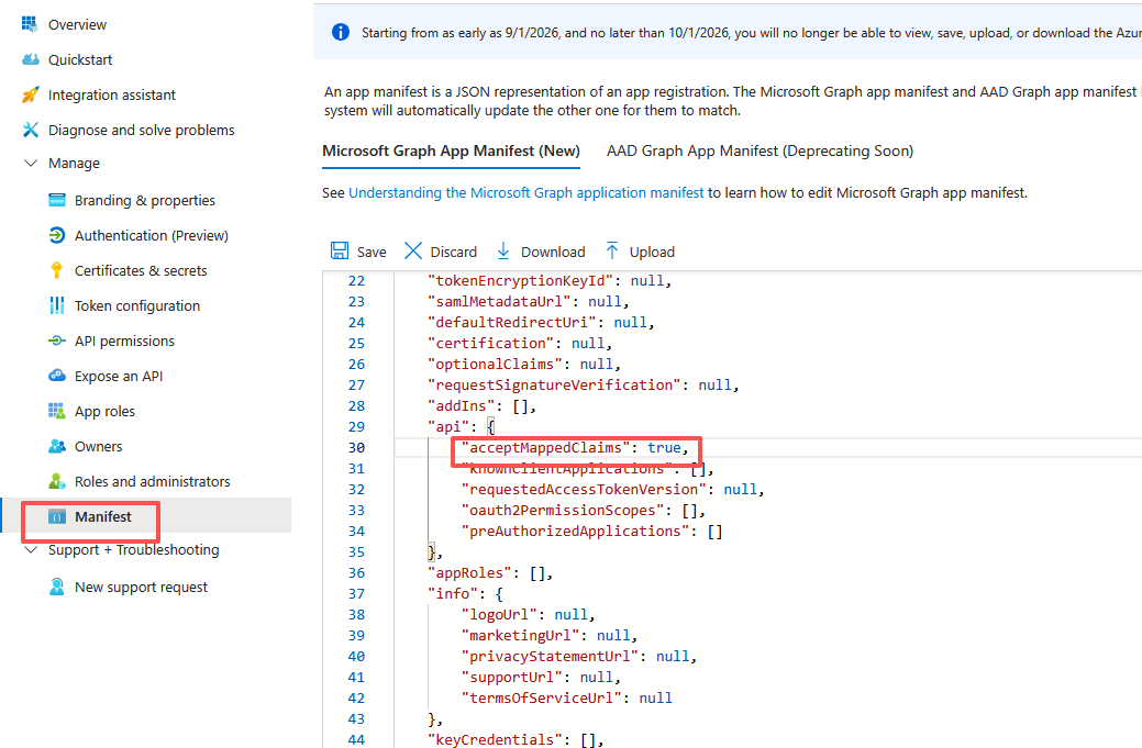 Set acceptMappedClaims to true in the Microsoft Entra ID app manifest