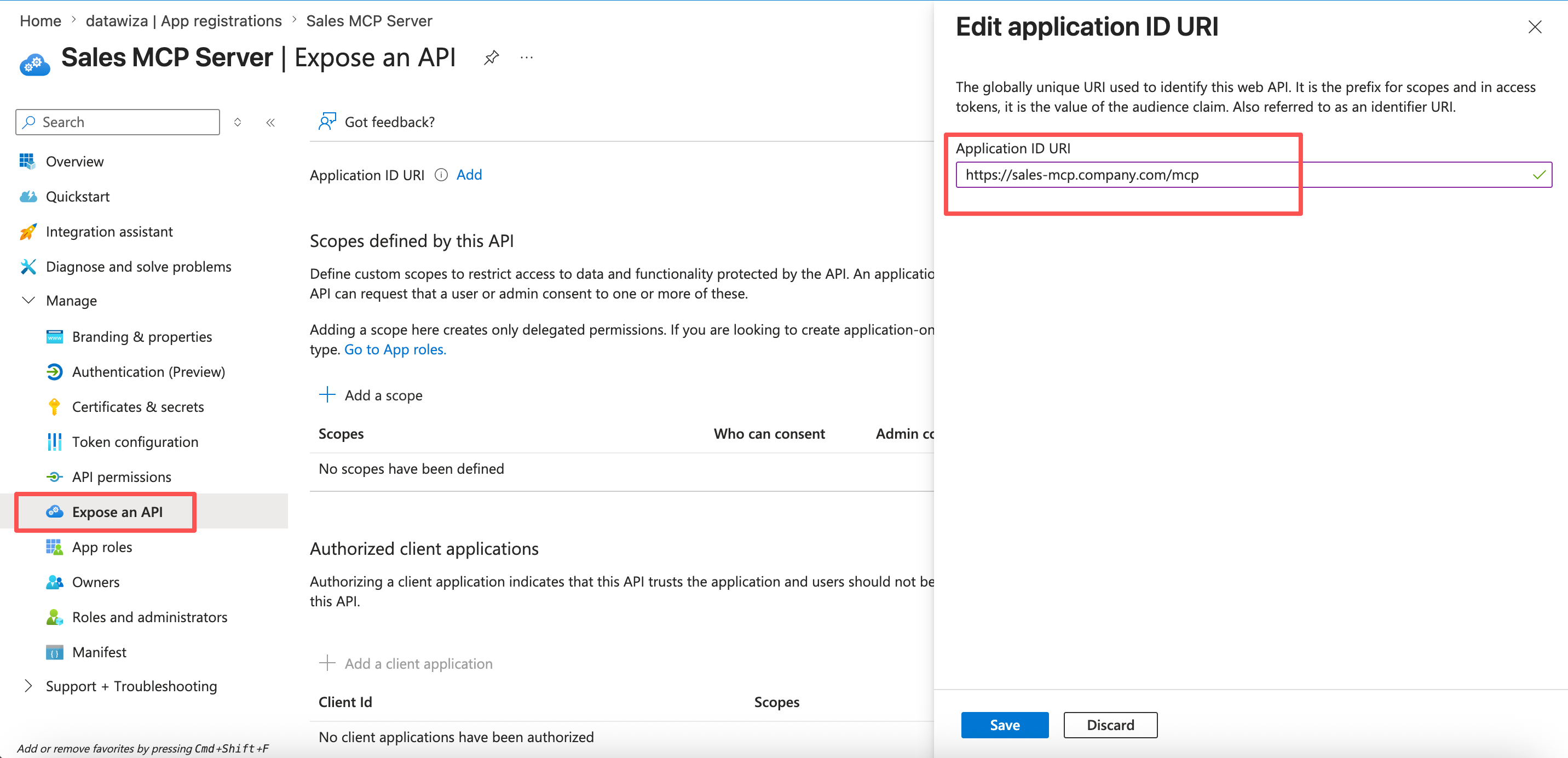 Microsoft Entra ID — Expose an API page showing the Application ID URI set to the protected MCP endpoint