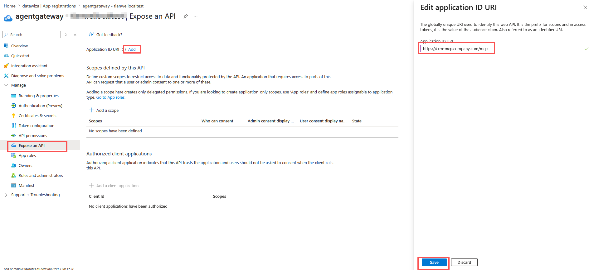 Microsoft Entra ID — Expose an API page showing the Application ID URI set to the protected MCP endpoint