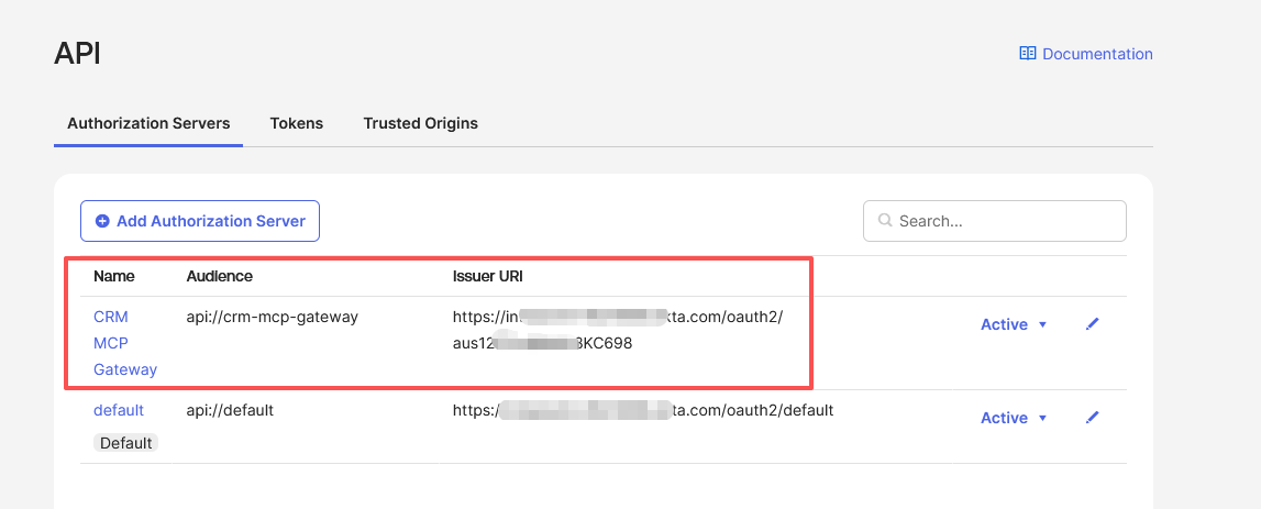 Okta — Authorization Servers list showing the CRM MCP Gateway row's Audience and Issuer URI