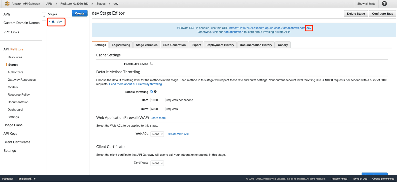 aws api2 stages