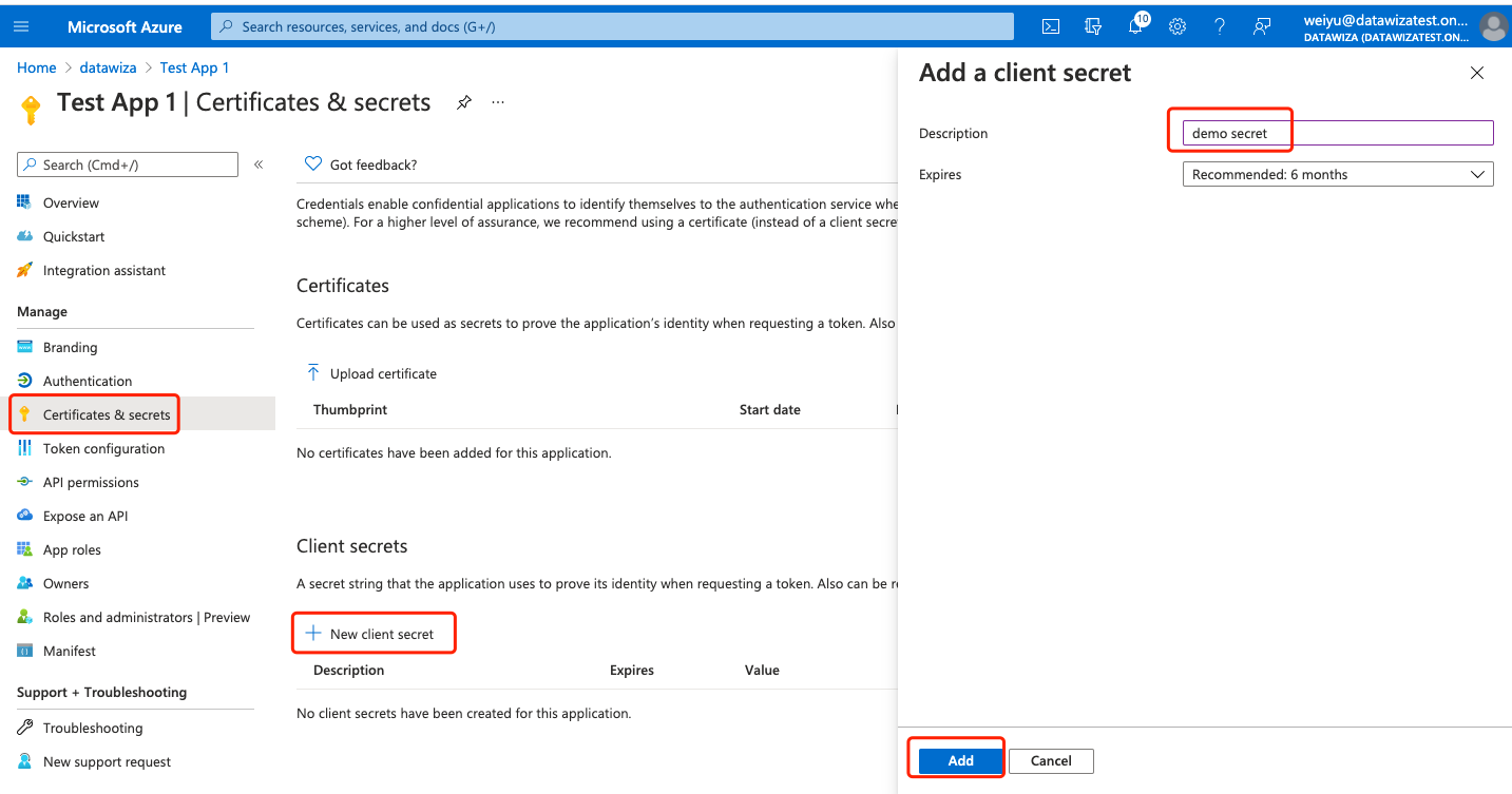 Azure Directory Create New Client Secret