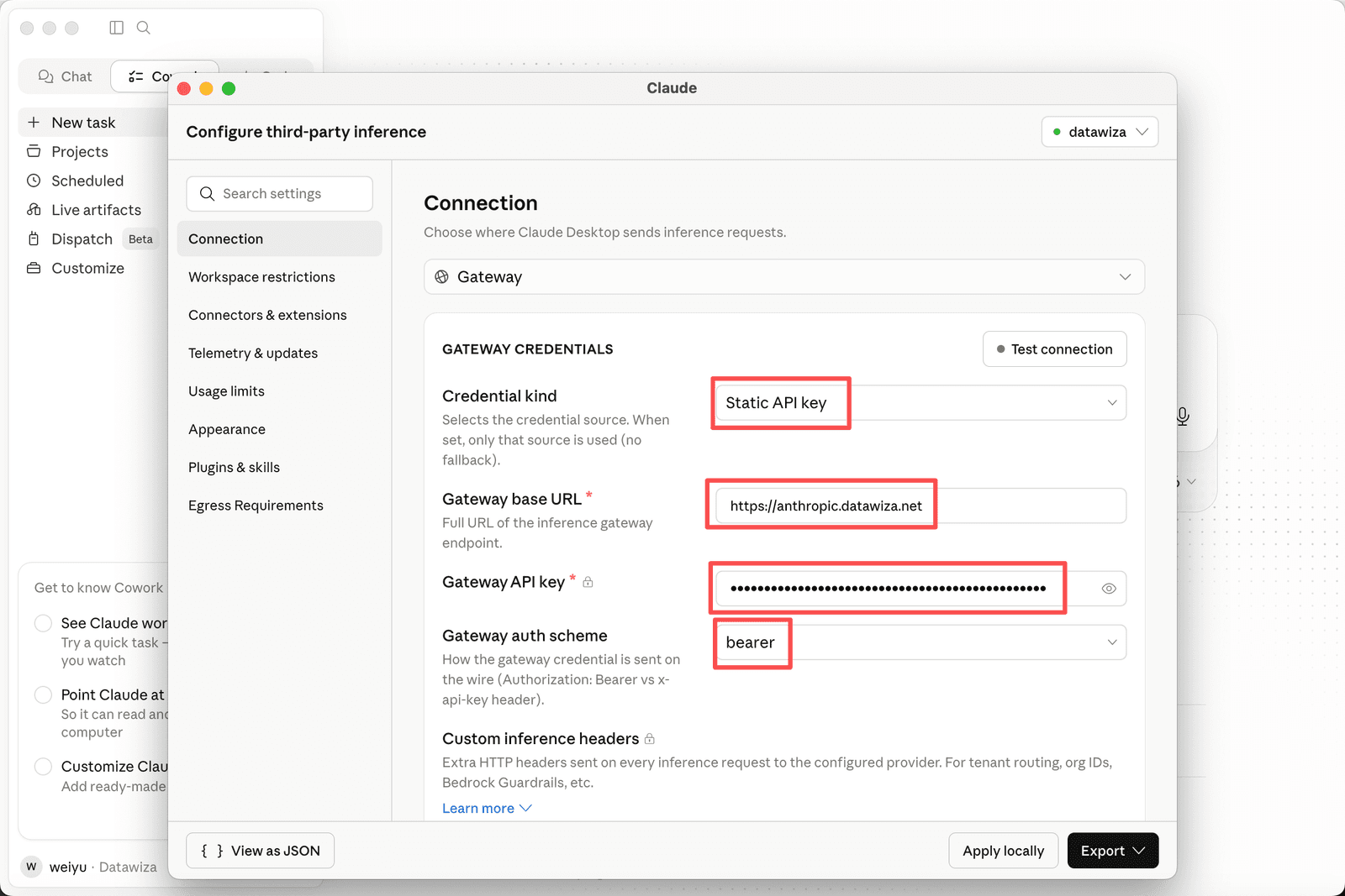 Claude Desktop Configure third-party inference — Gateway base URL and virtual API key fields