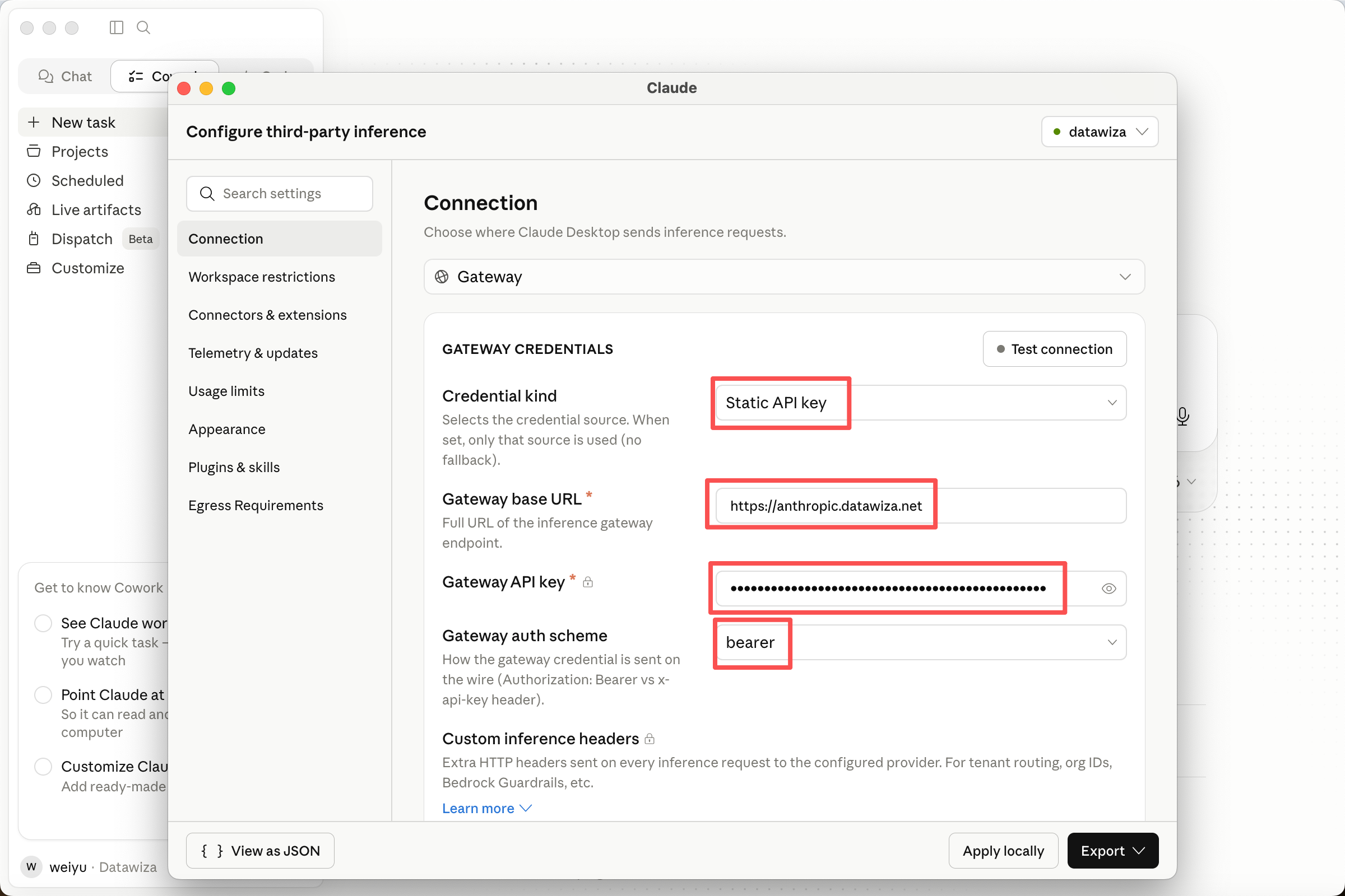 Claude Desktop Configure third-party inference — Gateway base URL and virtual API key fields