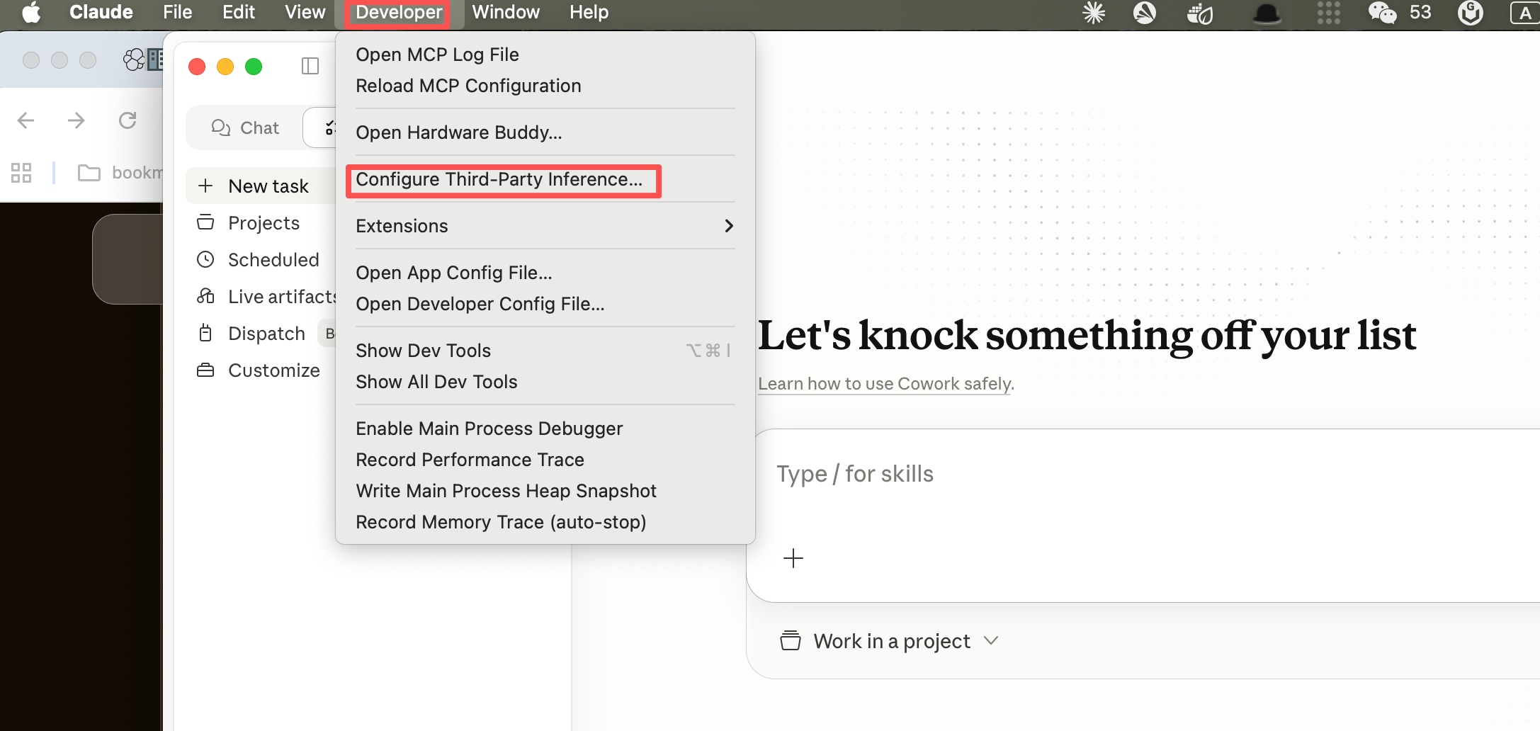 Claude Desktop Developer menu — Configure Third-Party Inference option