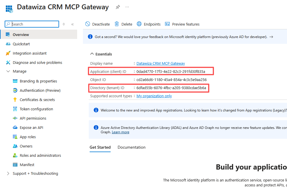 Microsoft Entra ID — Overview page showing Tenant ID and Client ID
