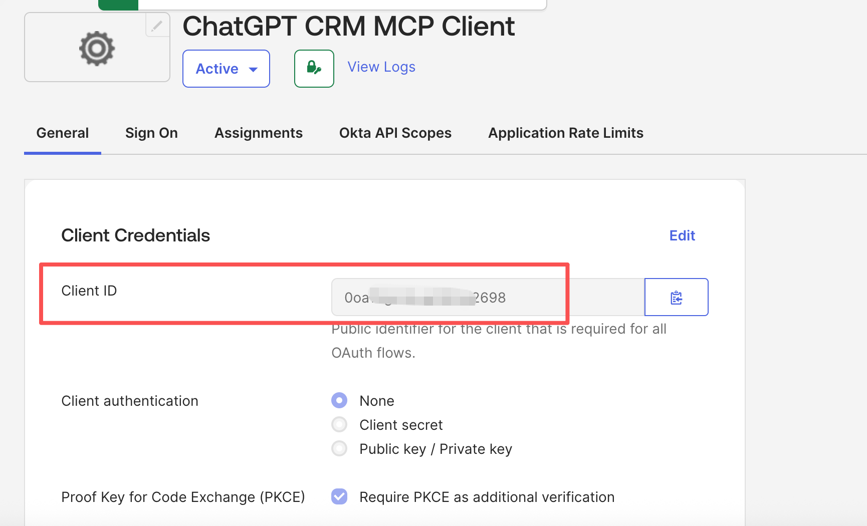 Okta — App Integration General tab showing the Client ID