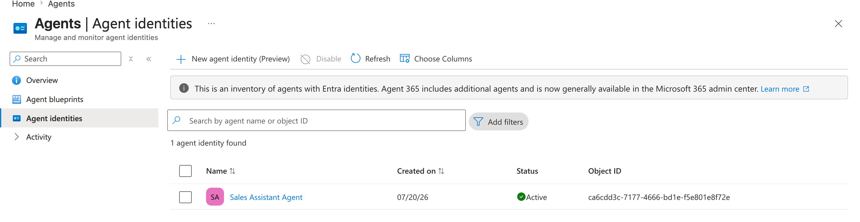 Microsoft Entra admin center — Agent identities list showing the default Sales Assistant Agent identity