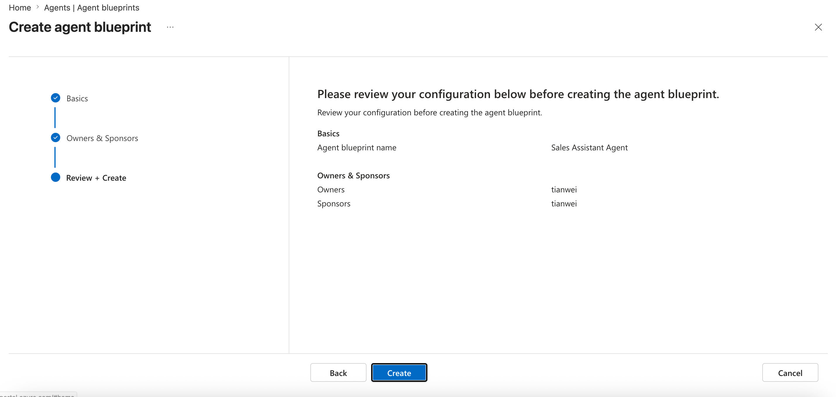 Microsoft Entra admin center — New agent blueprint wizard Review + Create step