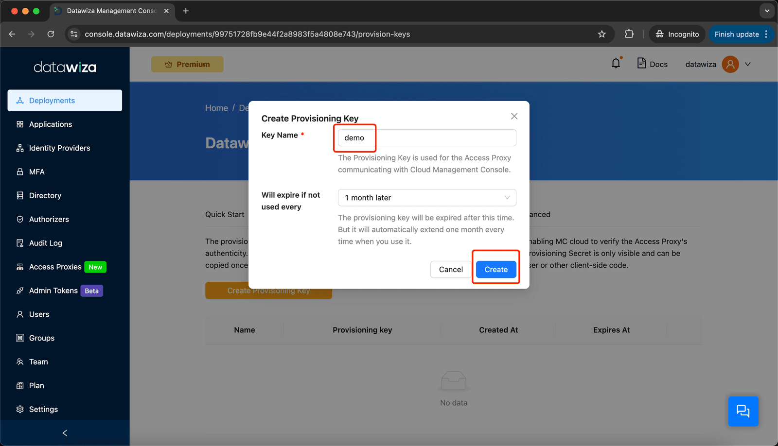 Web App MFA | Create Provisioning Key