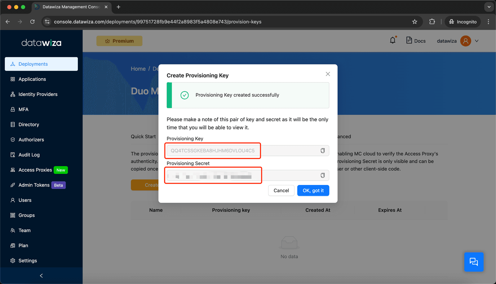 Oracle EBS MFA | Provisioning Key Created