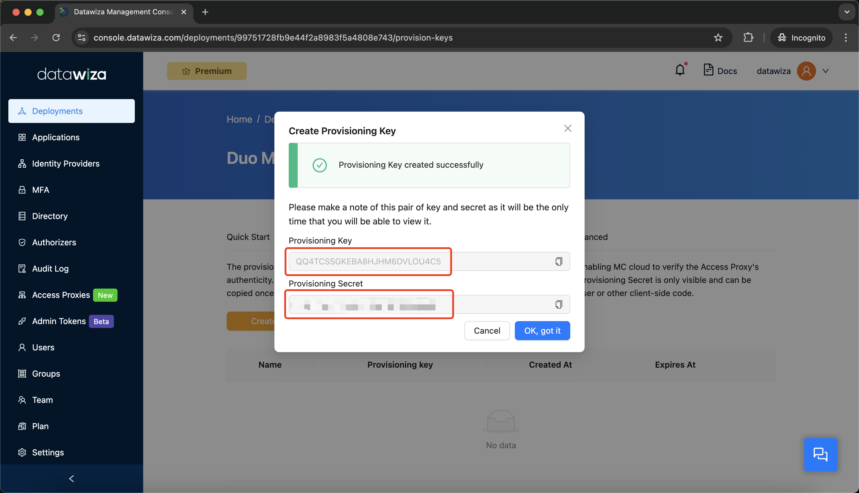Oracle EBS MFA | Provisioning Key Created