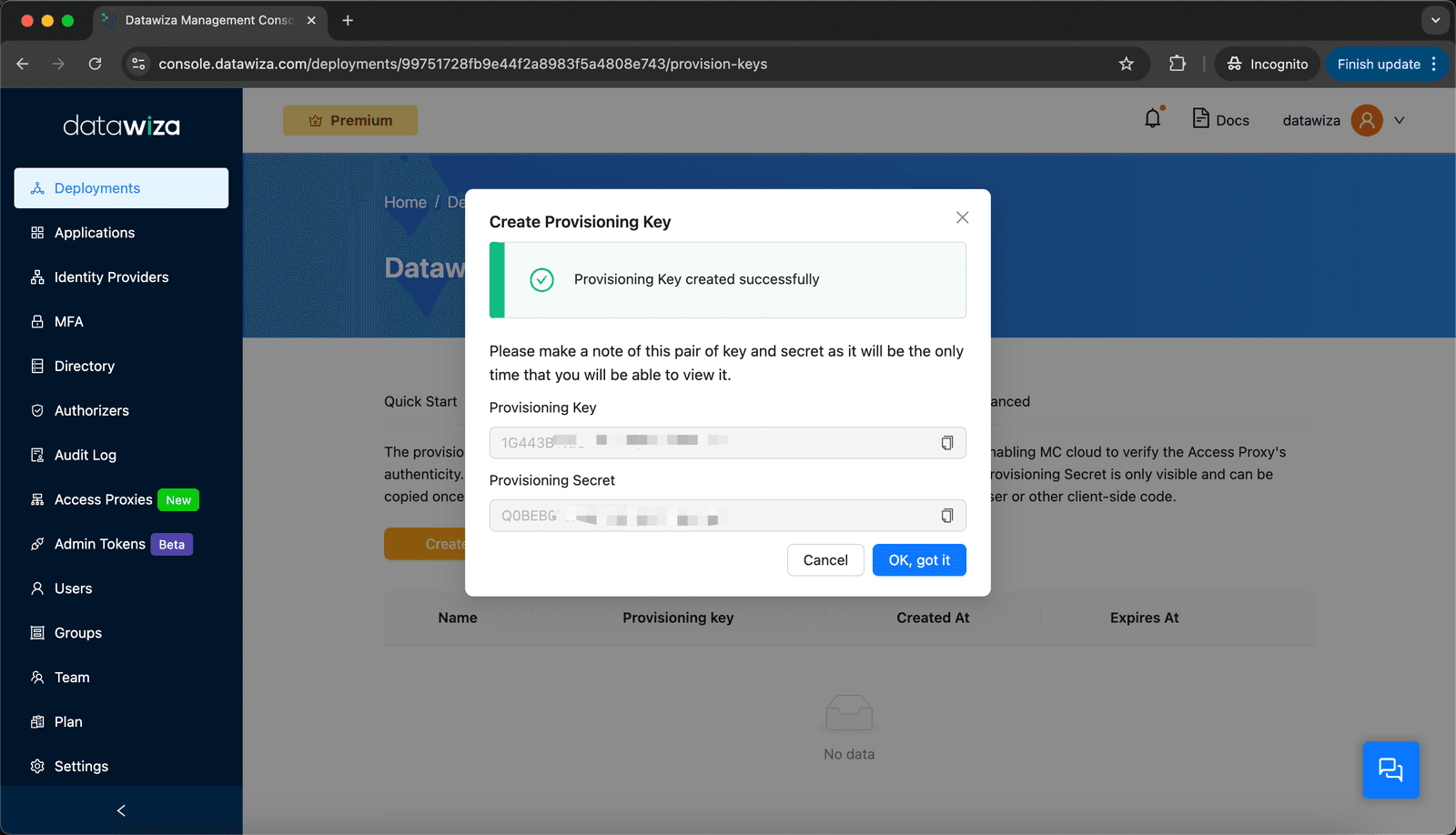 Web App MFA | Provisioning Key Created