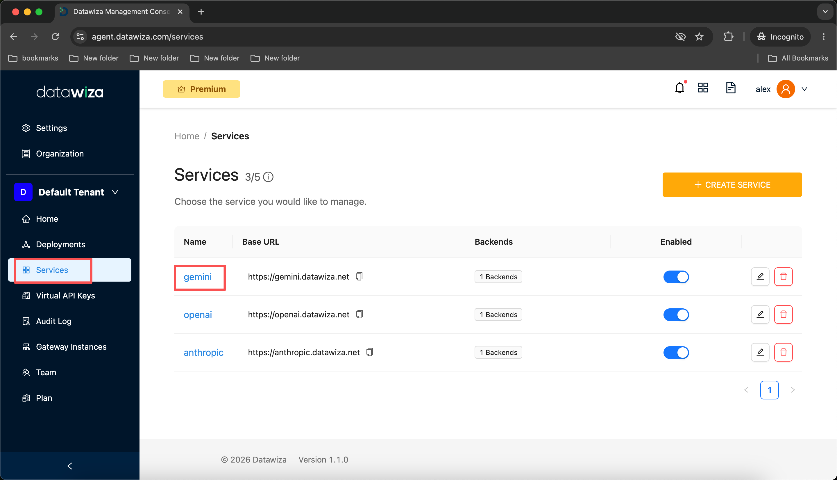 DAGC Services list — click a service to open its rate limit settings