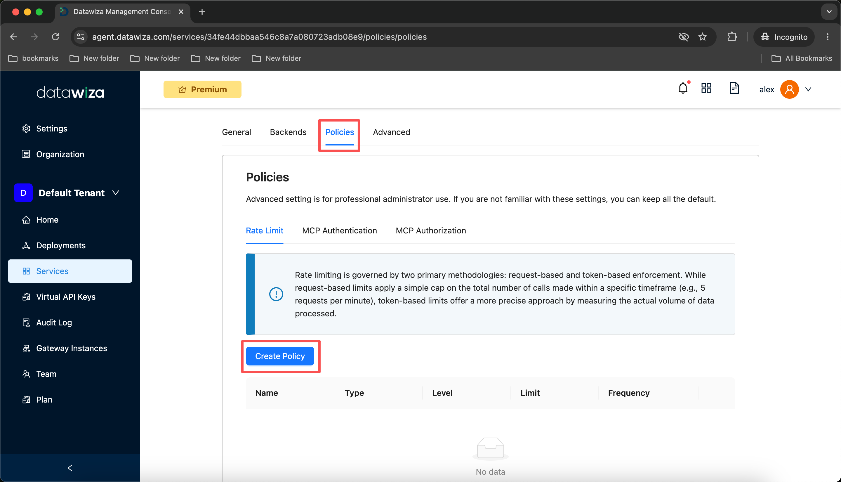 Service Policies tab — Rate Limit sub-tab with Create Policy button