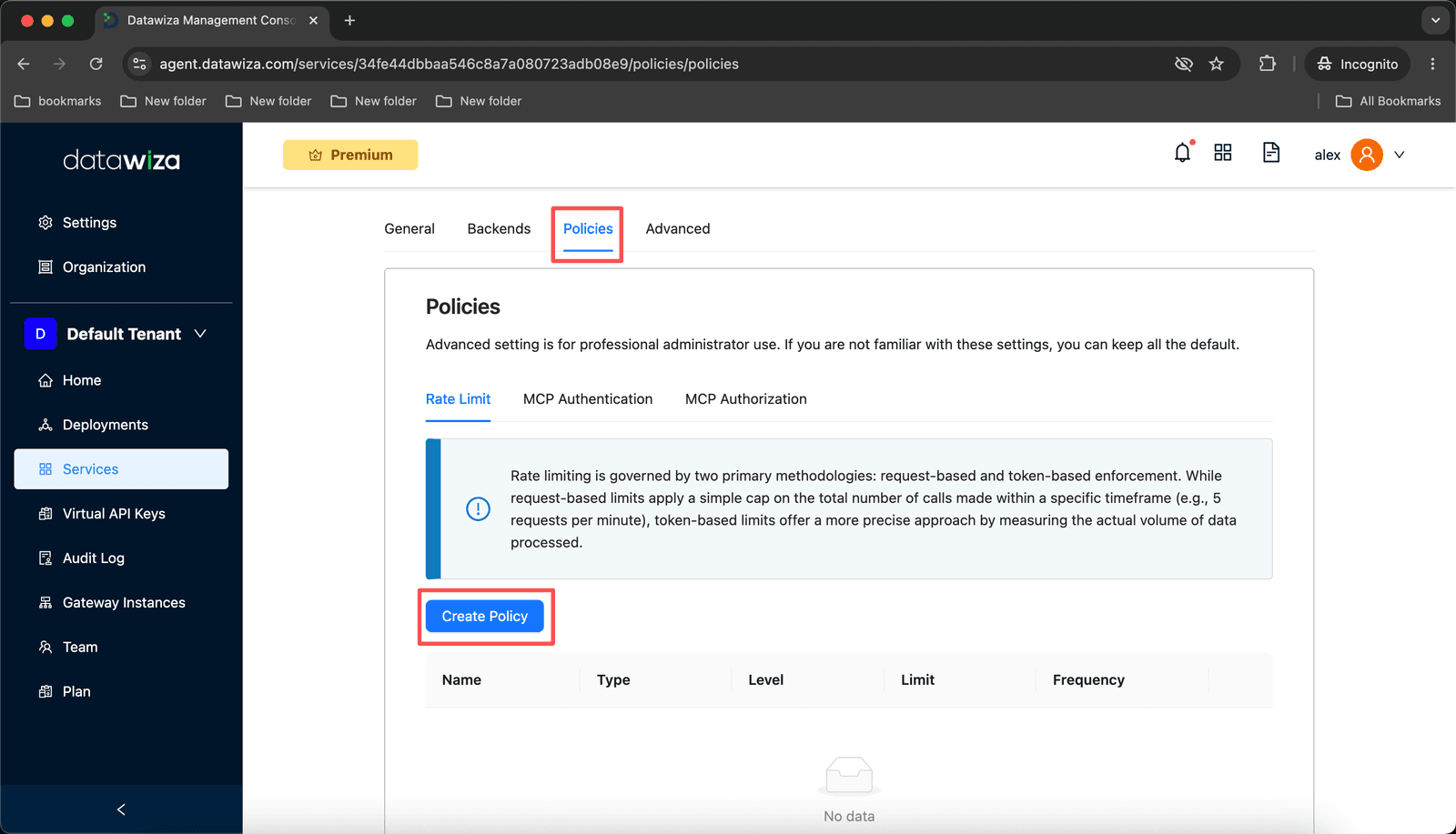 Service Policies tab — Rate Limit sub-tab with Create Policy button