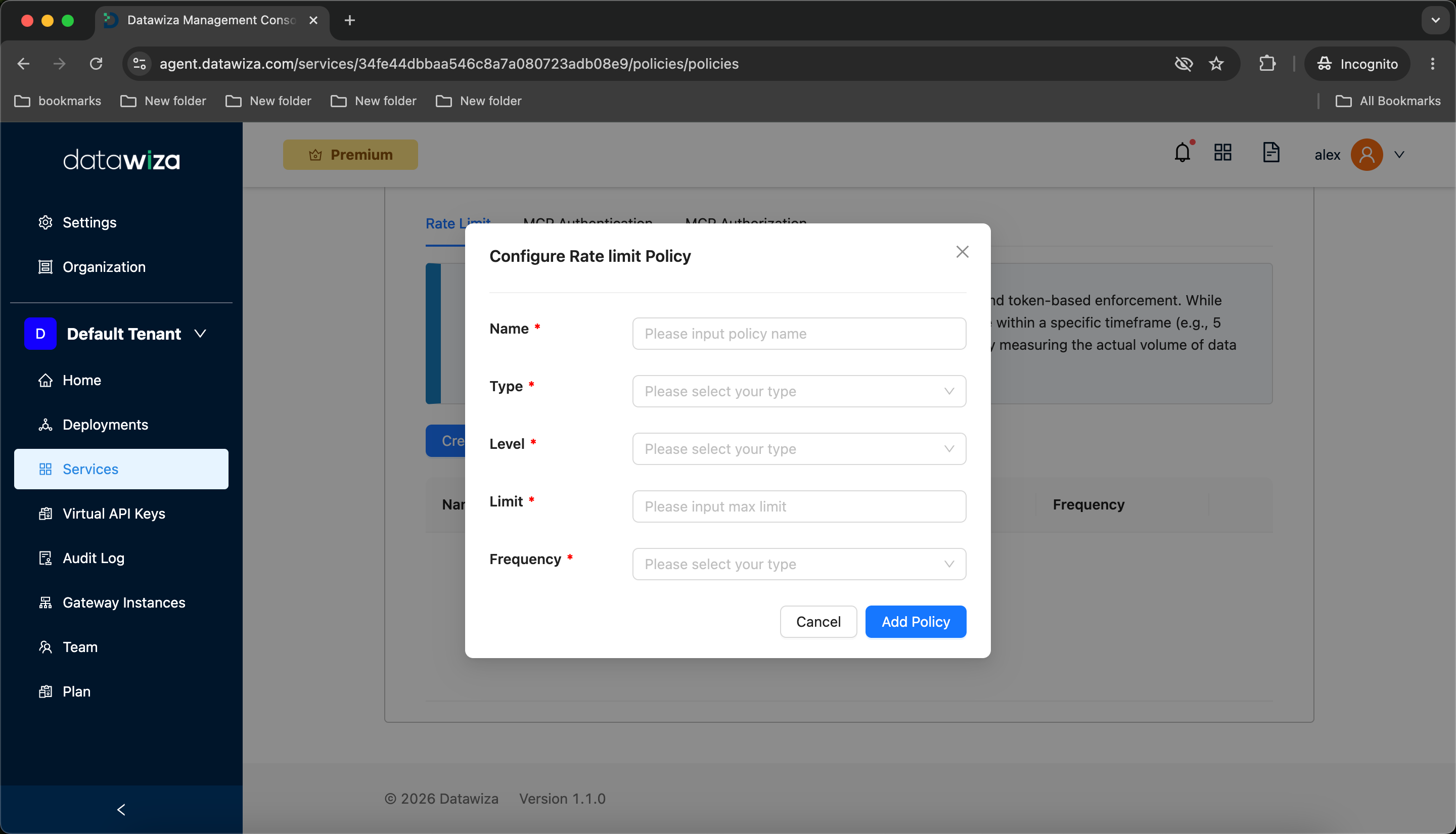 Configure Rate Limit Policy dialog — fill in Name, Type, Level, Limit, and Frequency, then click Add Policy