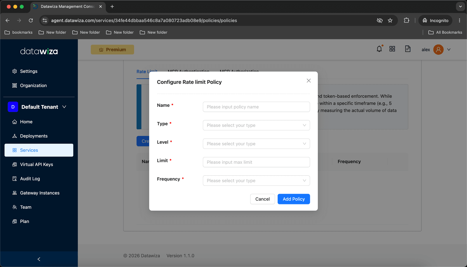 Configure Rate Limit Policy dialog — fill in Name, Type, Level, Limit, and Frequency, then click Add Policy