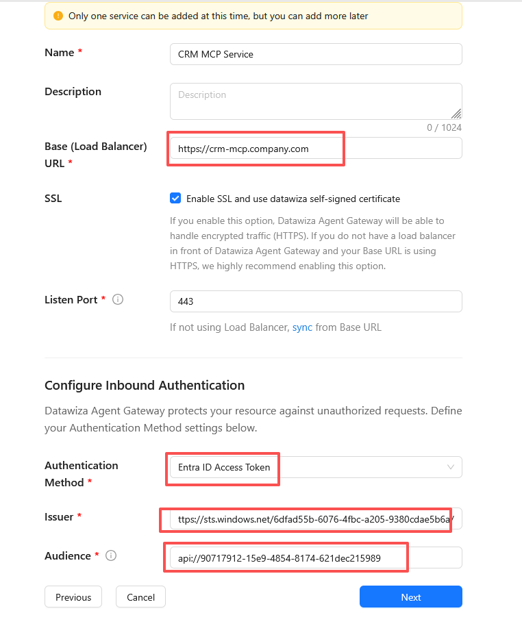 Getting Started wizard Step 2 — add a service with Entra ID Access Token authentication