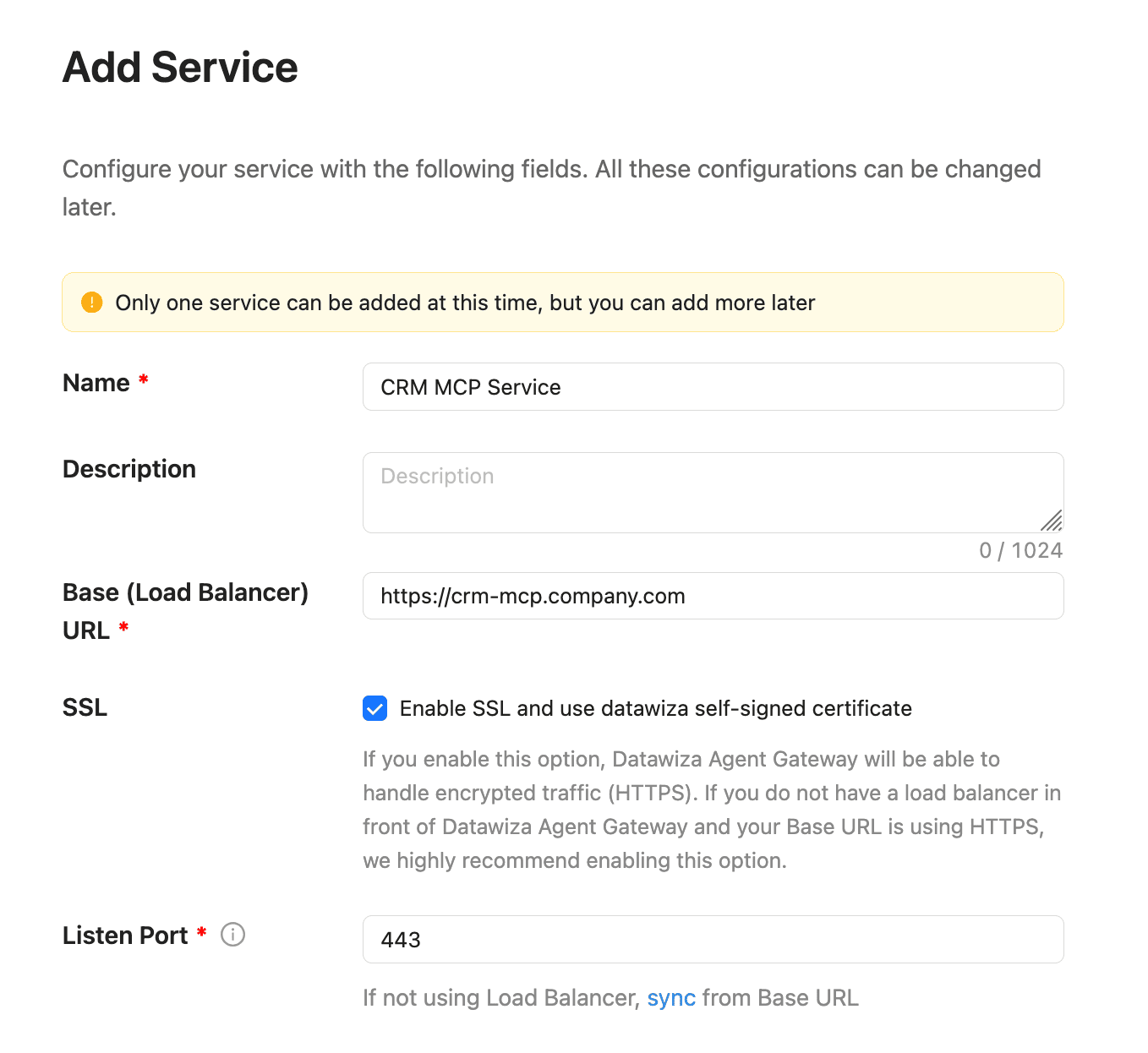 Getting Started wizard Step 2 — Service form showing Name, Base URL, SSL, and Listen Port fields
