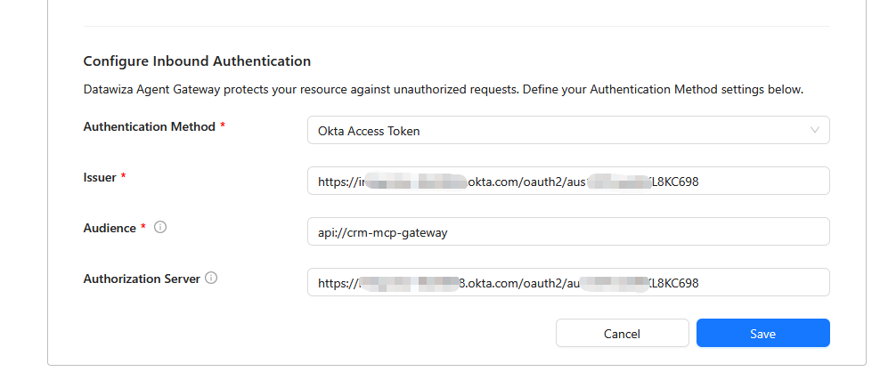 Getting Started wizard Step 2 — Service form showing Okta Access Token authentication fields for Issuer, Audience, and Authorization Server