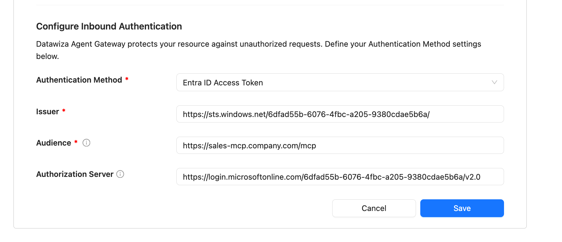 Getting Started wizard Step 2 — add a service with Entra ID Access Token authentication