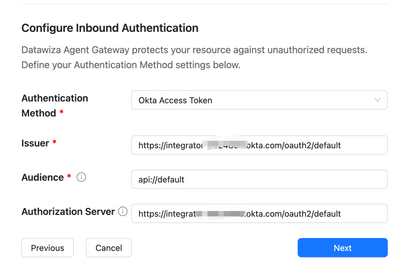 Getting Started wizard Step 2 — Service form showing Okta Access Token authentication fields for Issuer, Audience, and Authorization Server