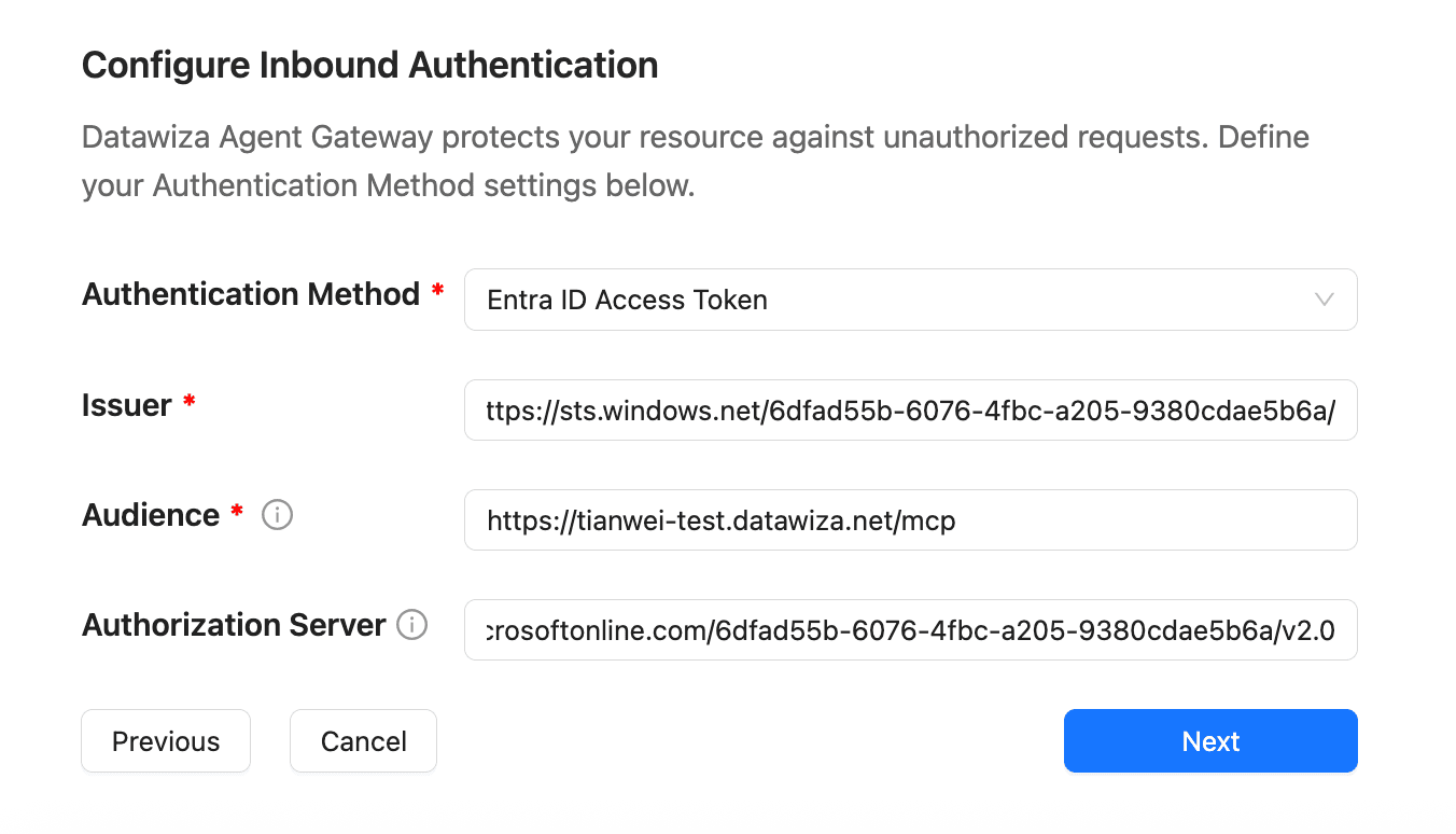 Getting Started wizard Step 2 — Service form showing Entra ID Access Token authentication fields for Issuer, Audience, and Authorization Server