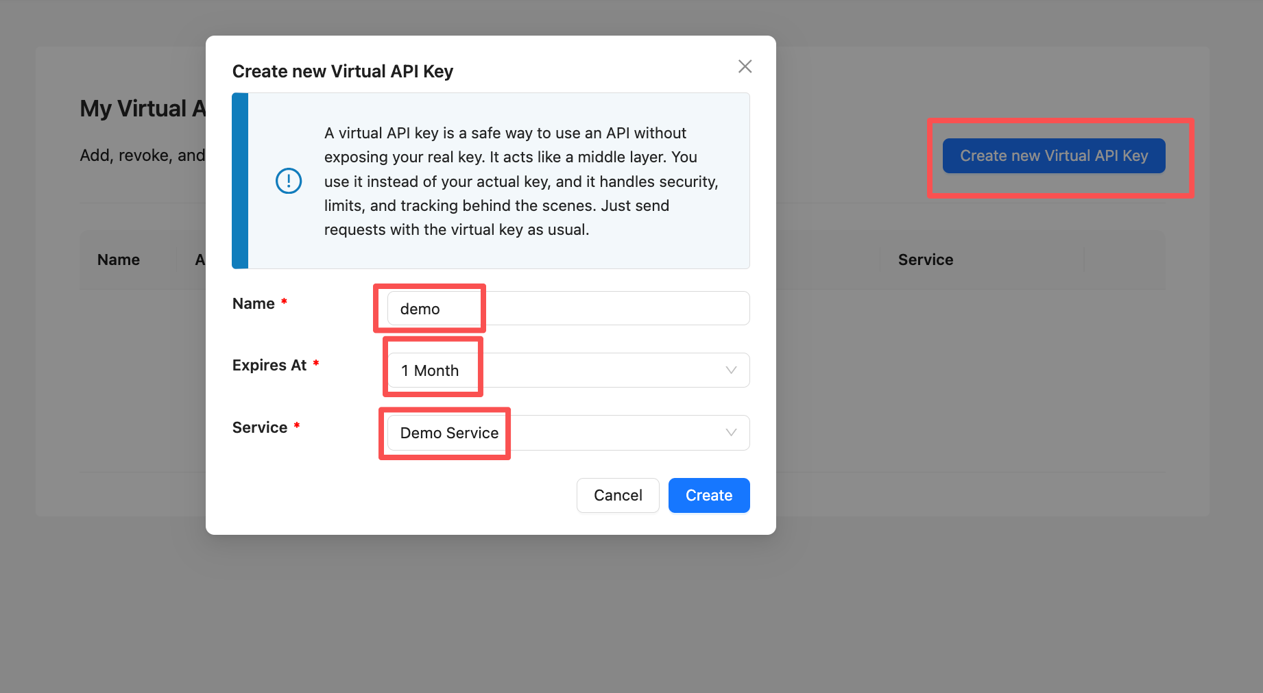 Create new Virtual API Key dialog — enter name, expiry, and service