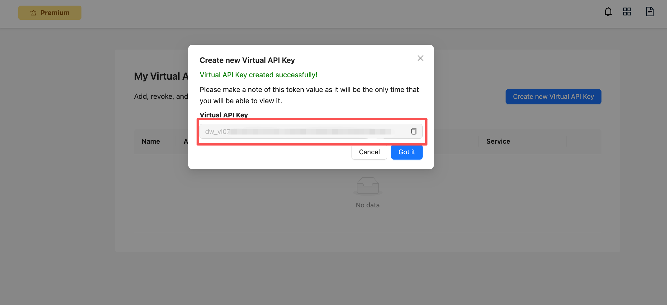 Virtual API Key created successfully — copy the dw_vl07 key before closing