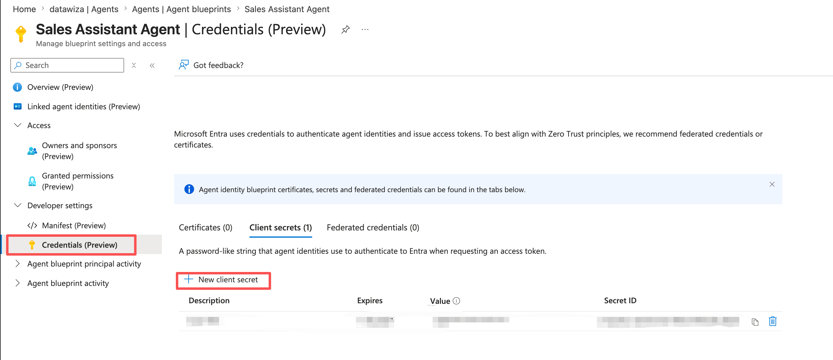 Microsoft Entra admin center — blueprint Credentials page, Client secrets tab