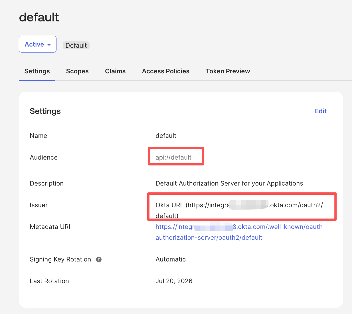 Okta — default Authorization Server Settings tab showing Issuer and Audience