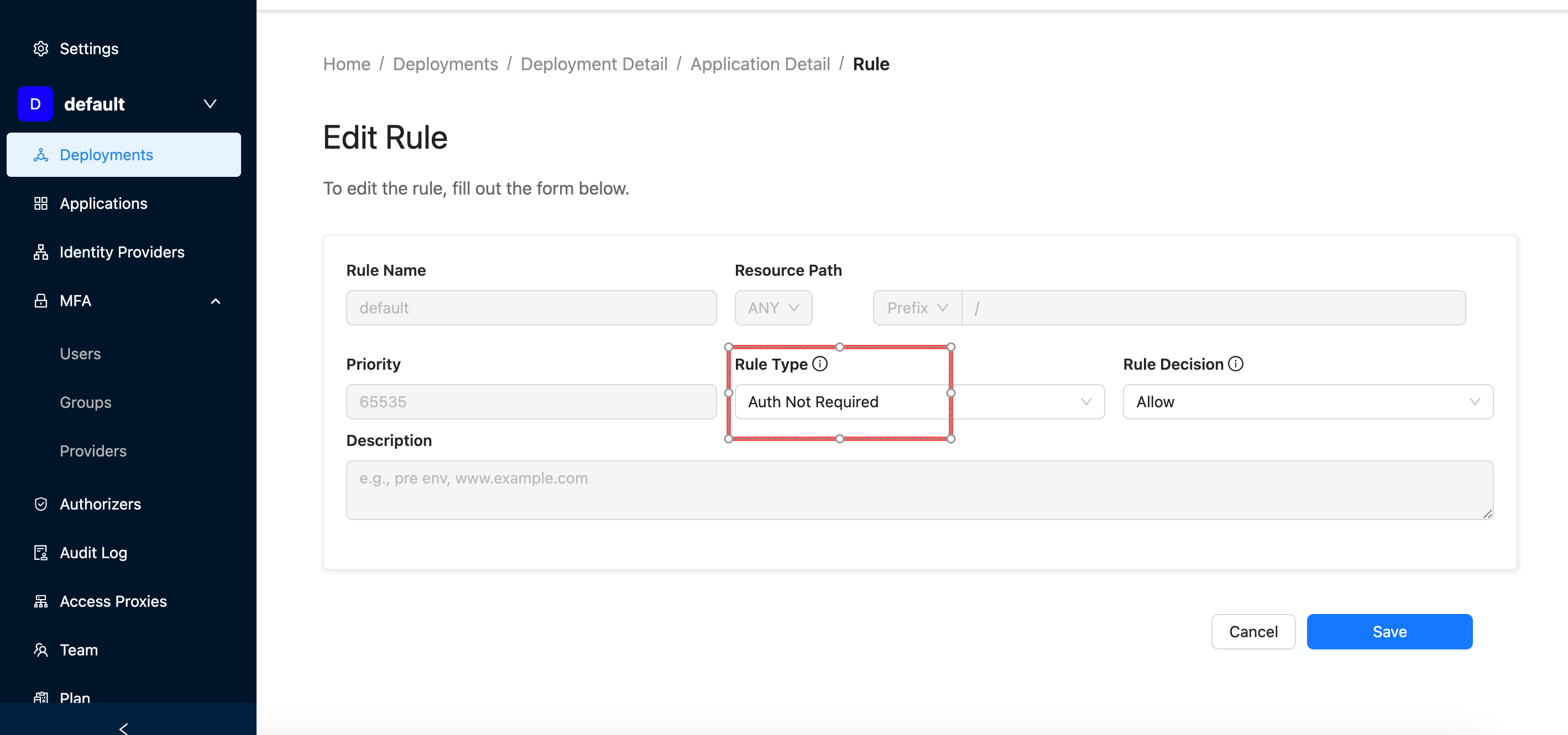 OAM MFA | Set Rule Type to Not Protected