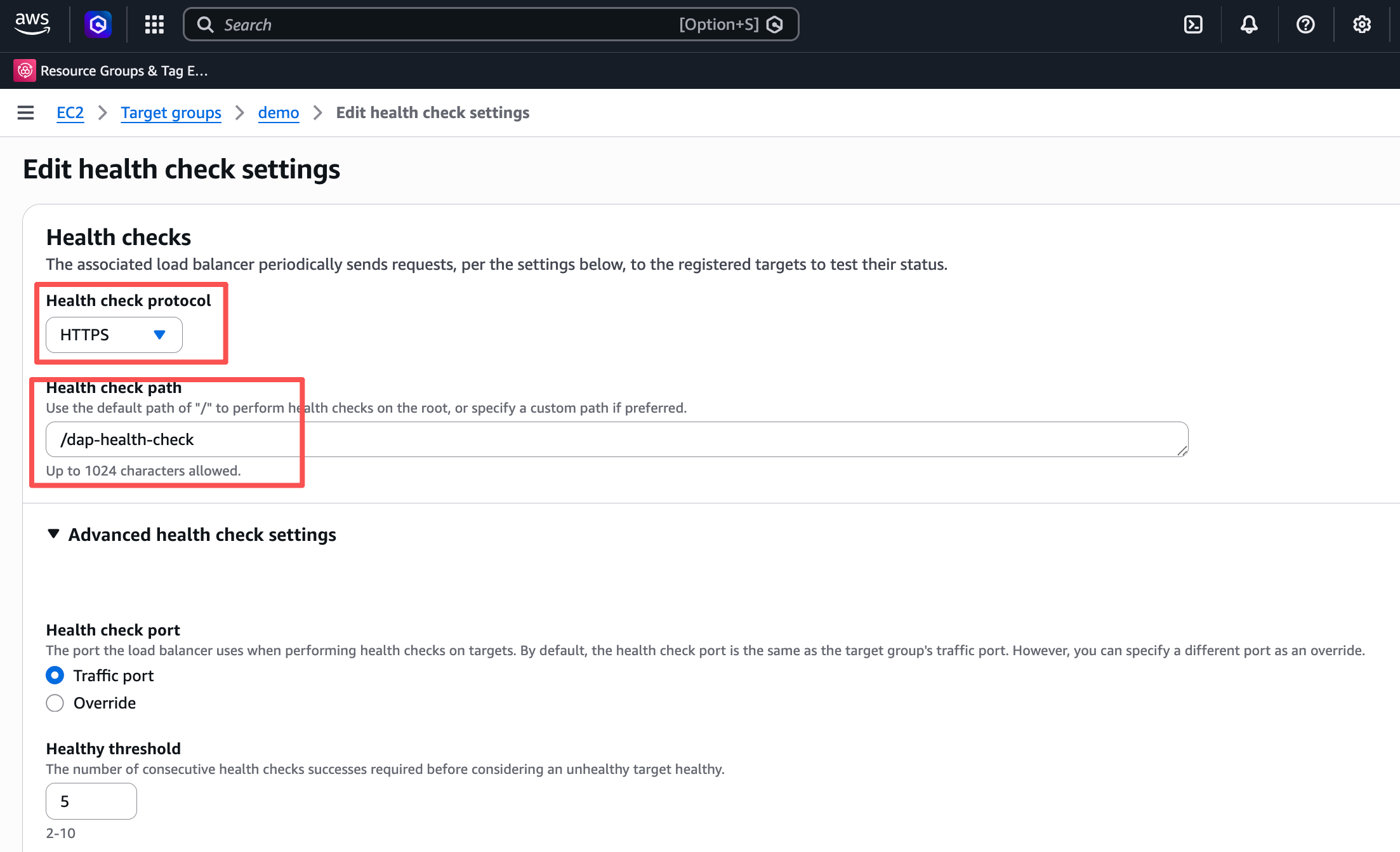 health check protocol and path fields