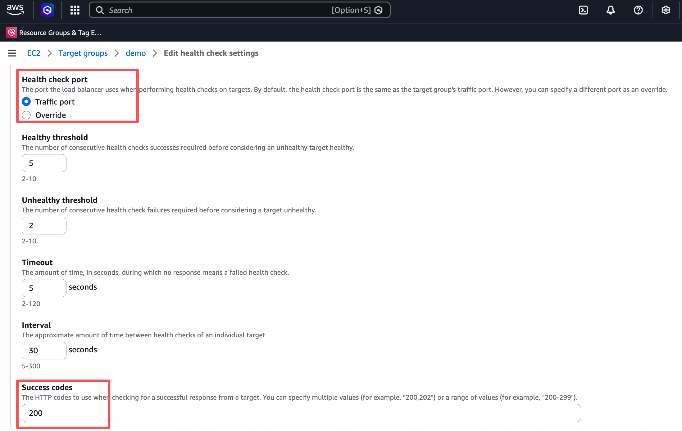 health check port and success codes fields