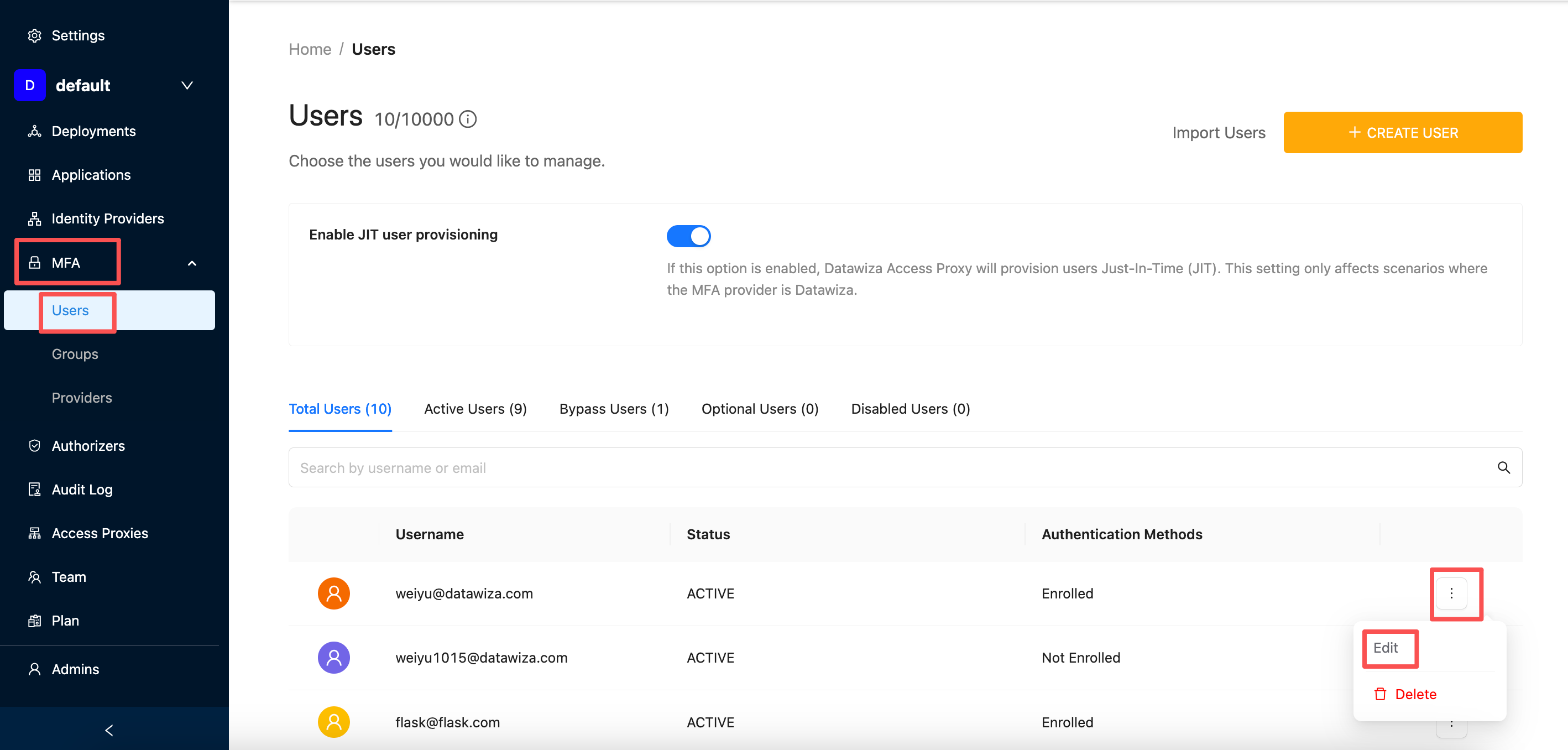 Datawiza MFA | Edit user config