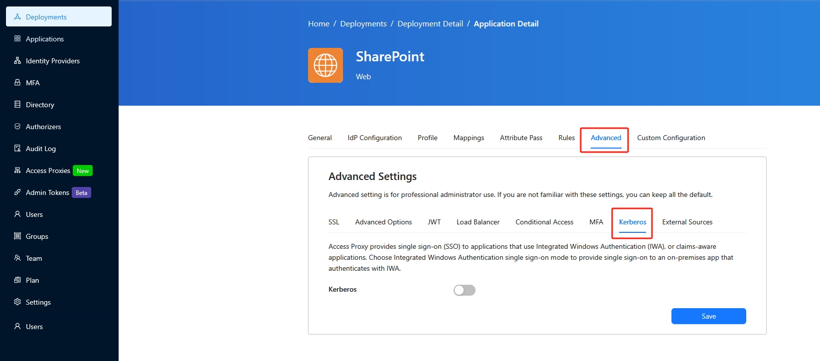 Microsoft sharepoint SSO and MFA | Select Kerberos Sub Tab