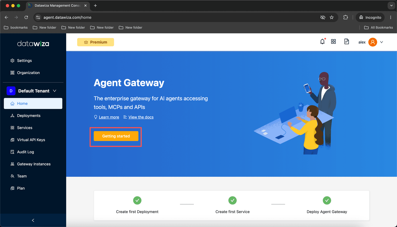 Datawiza Agent Gateway Console home page with Getting Started button