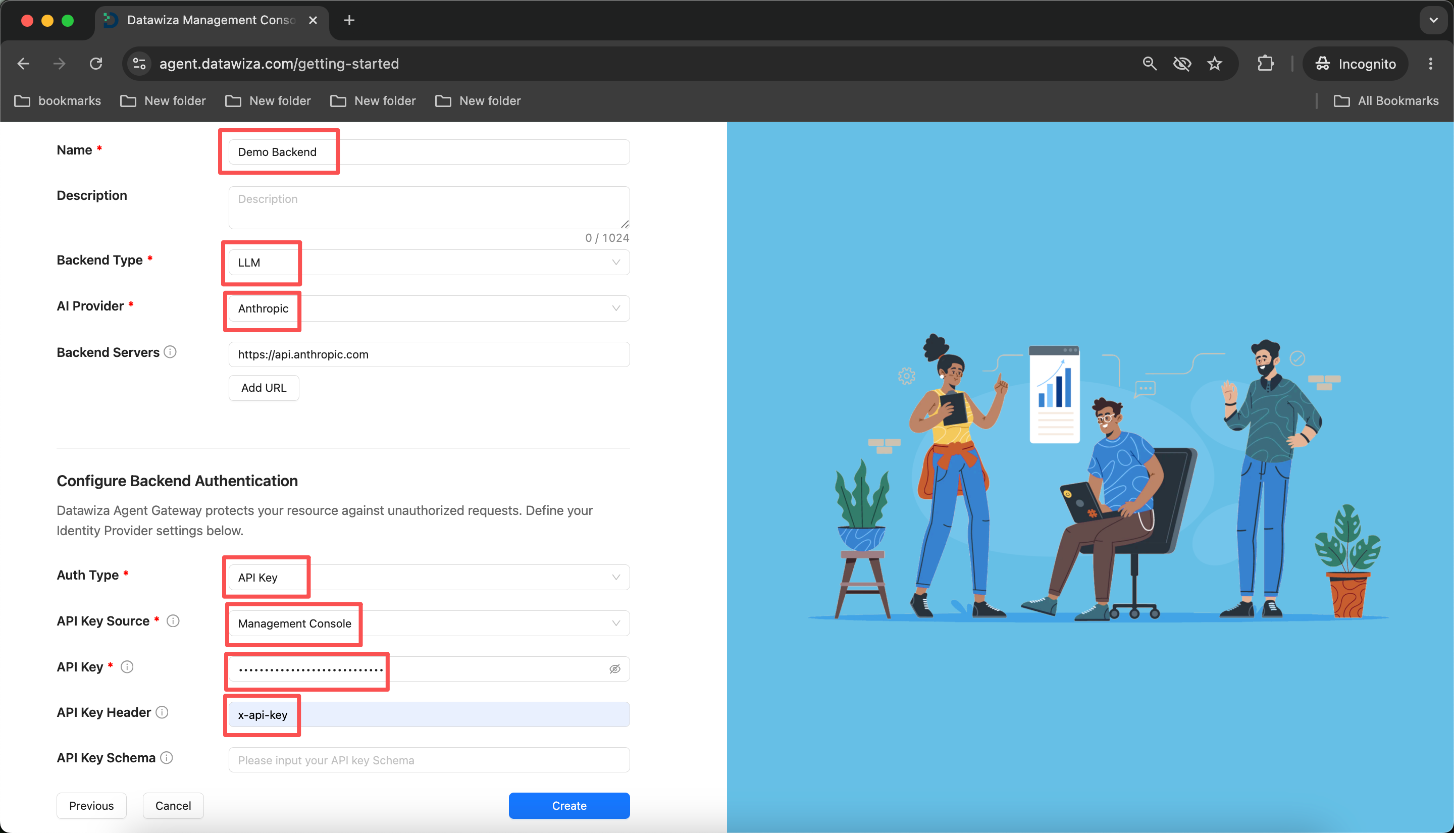 Getting Started wizard Step 3 — configure Anthropic LLM backend with API key