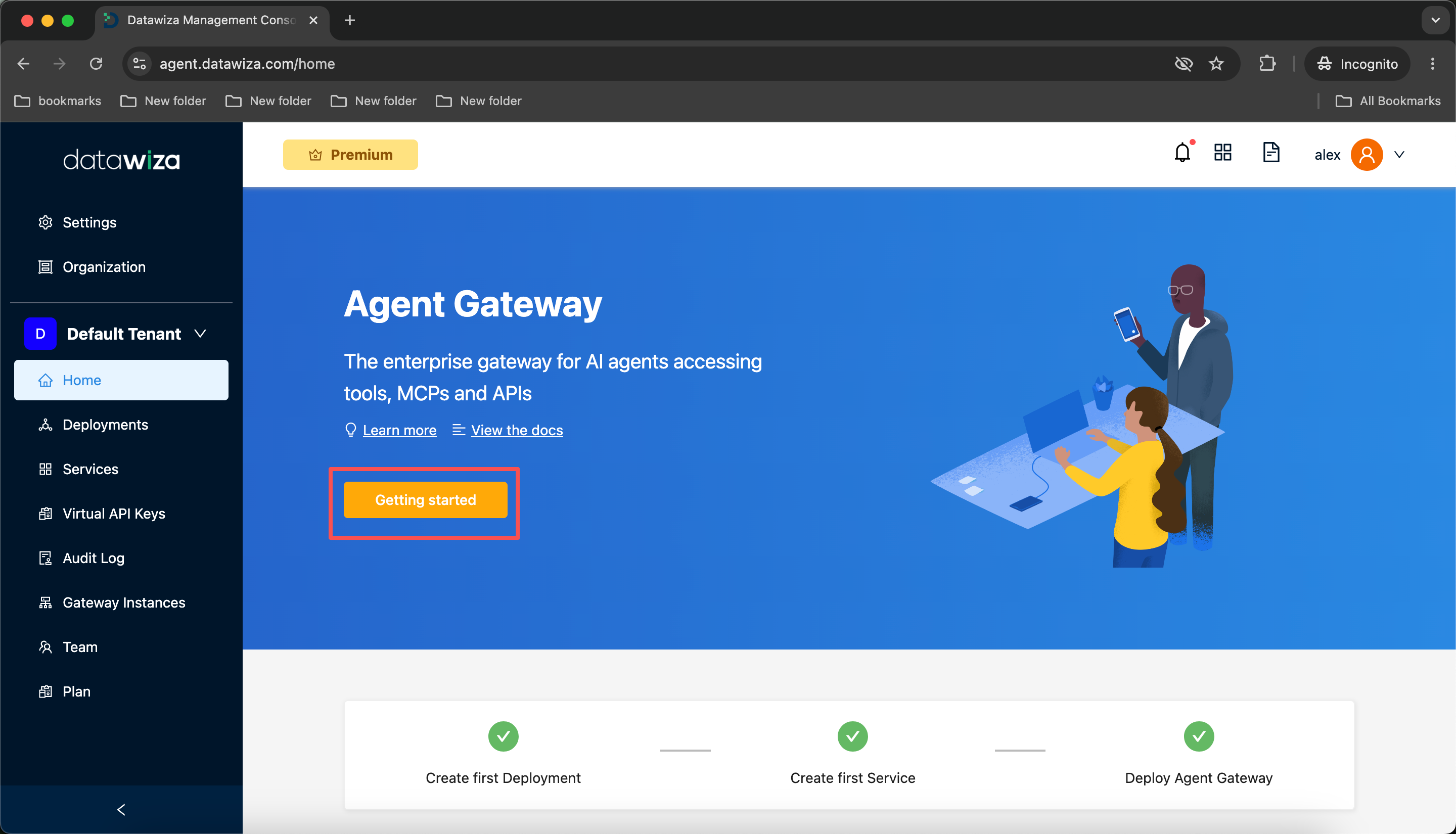 Datawiza Agent Gateway Console home page with Getting Started button