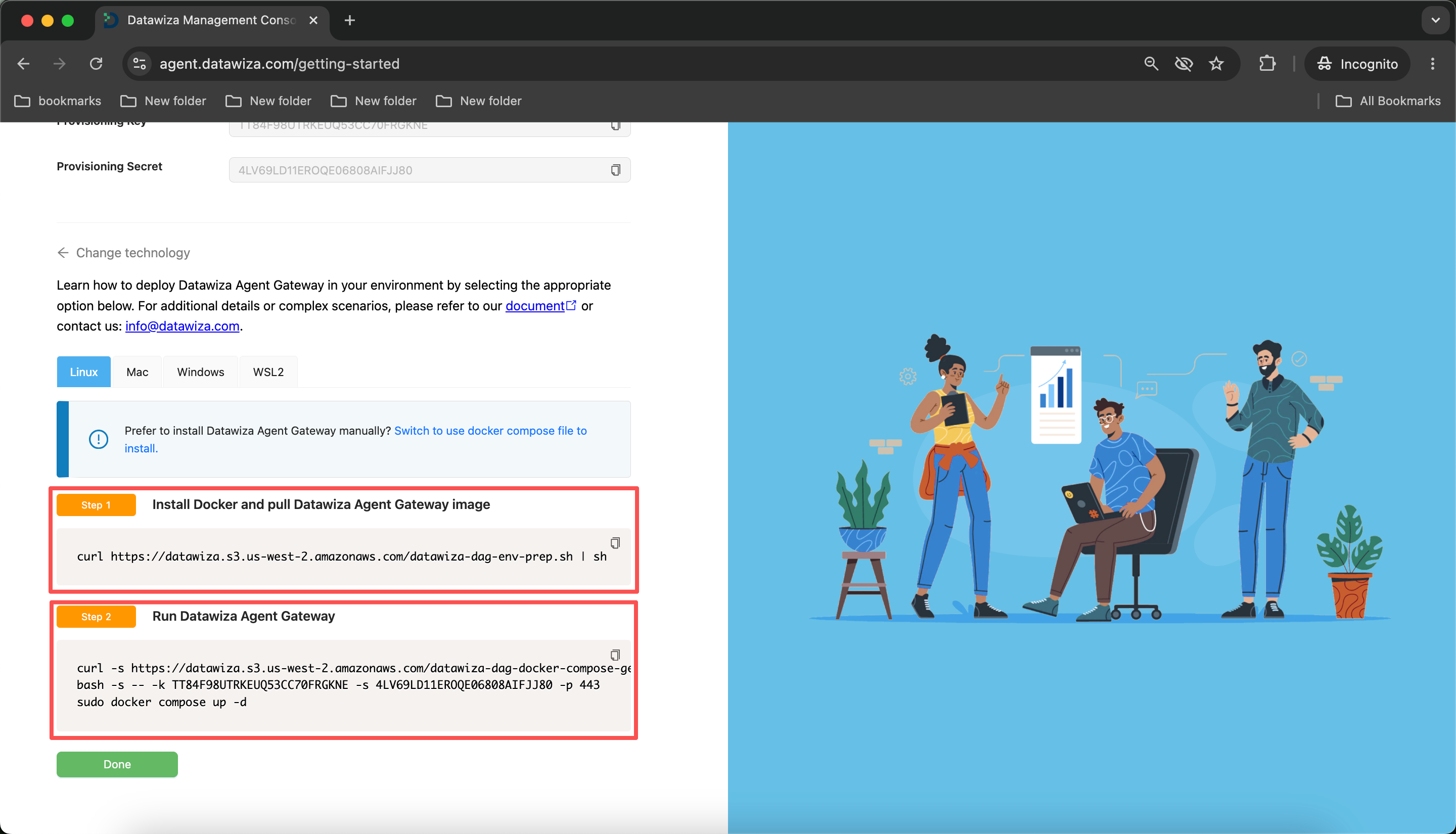 Getting Started wizard Step 4 — provisioning keys and deploy commands