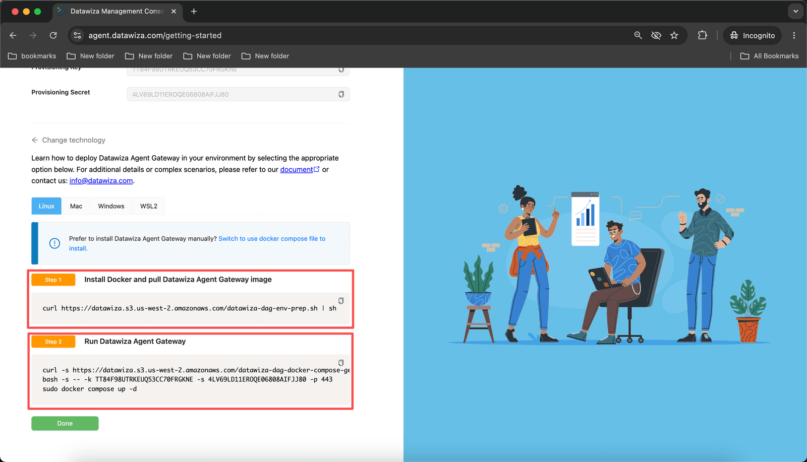 Getting Started wizard Step 4 — provisioning keys and deploy commands