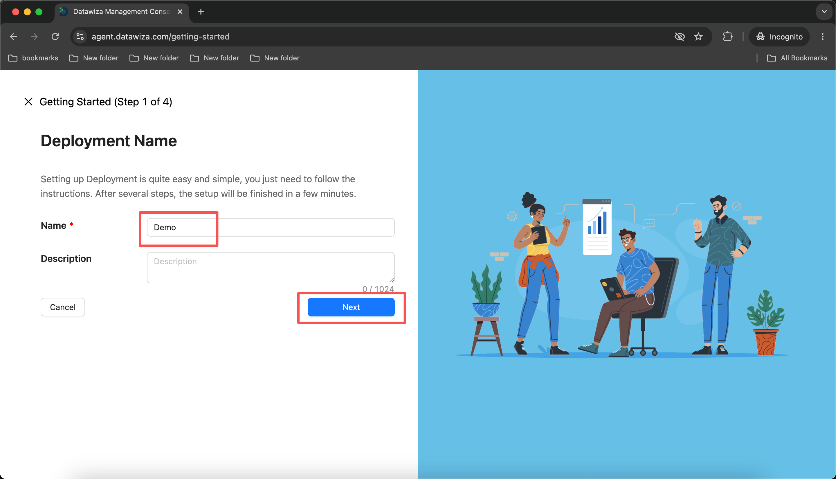 Getting Started wizard Step 1 — enter a deployment name