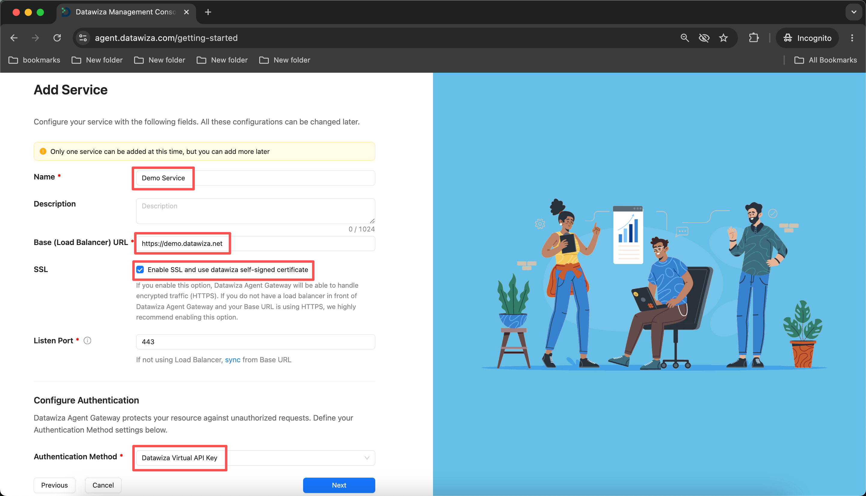 Getting Started wizard Step 2 — add a service with Virtual API Key authentication