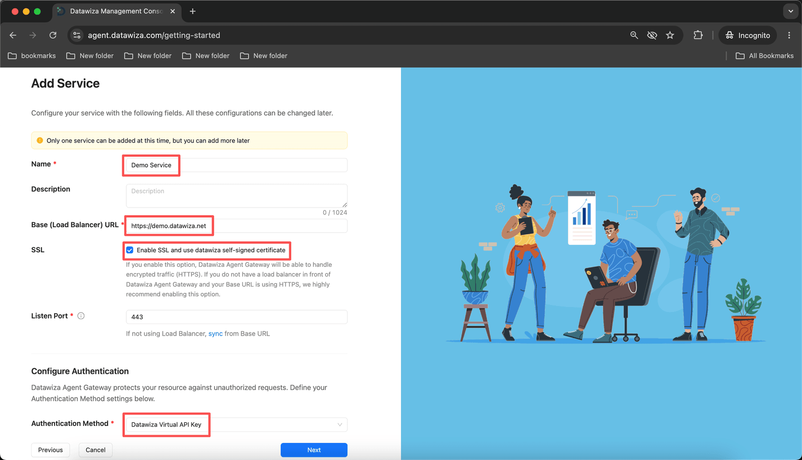 Getting Started wizard Step 2 — add a service with Virtual API Key authentication